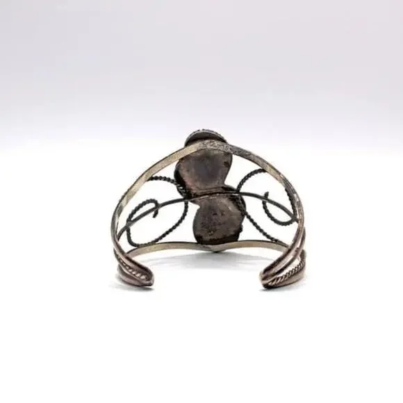 Albert Yazzie Sterling Silver Mother of Pearl with Turquoise Cabochon Cuff Brace - Picture 5 of 8